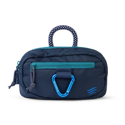 Navy (Re) Active Bum Bag (Front): Navy ripstop bum bag with teal zipper trim, blue carabiner, and patterned rope handle
