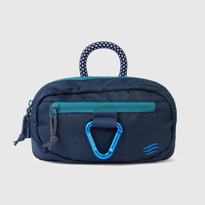 Navy (Re) Active Bum Bag (Front): Navy blue pouch with teal zipper pocket, rope handle, and blue carabiner clip
