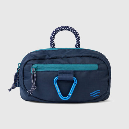 Navy (Re) Active Bum Bag (Front): Navy ripstop bum bag with teal zipper trim, blue carabiner, and patterned rope handle