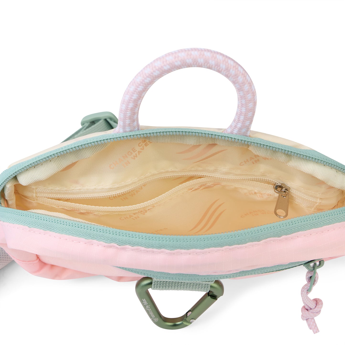 Lt. Pink (Re) Active Bum Bag (Interior): Open bum bag showing tan printed lining, interior zip pocket, and mint rope handle