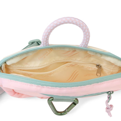 Lt. Pink (Re) Active Bum Bag (Interior): Open bum bag showing tan printed lining, interior zip pocket, and mint rope handle