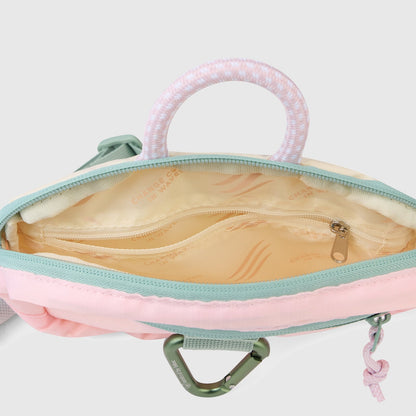 Lt. Pink (Re) Active Bum Bag (Interior): Open bum bag showing tan printed lining, interior zip pocket, and mint rope handle