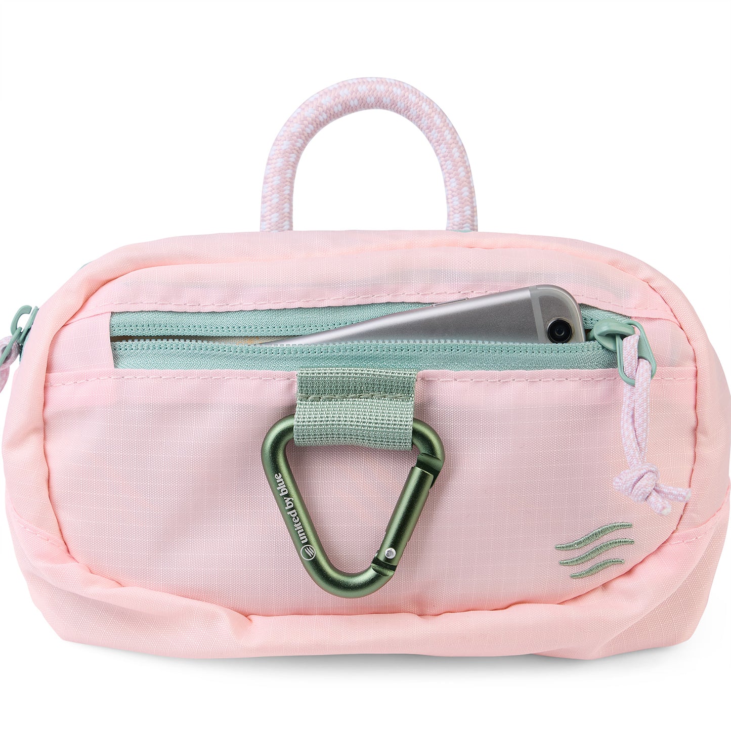 Lt. Pink (Re) Active Bum Bag (Detail): Front zip pocket open with phone inside, mint zipper, and green carabiner clip