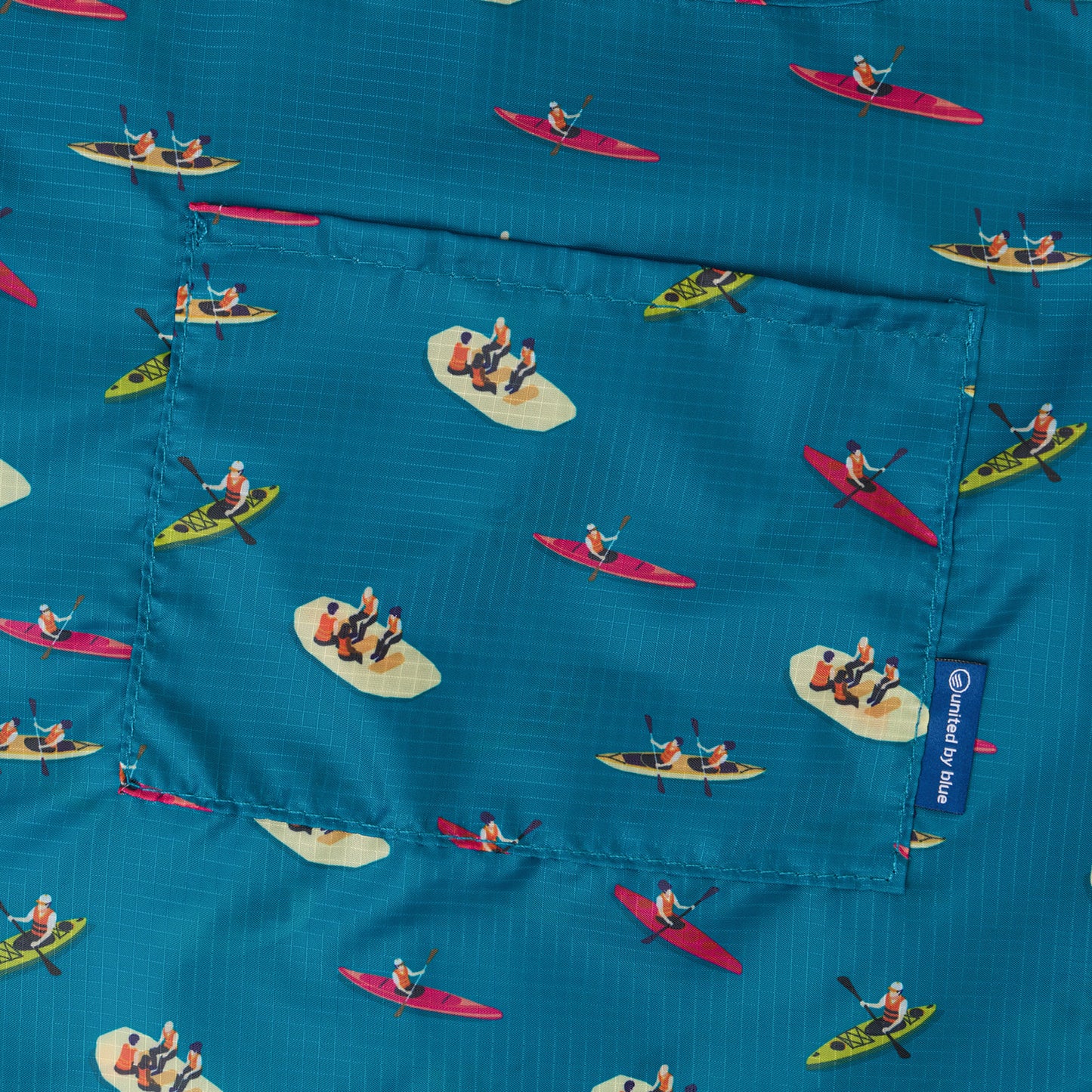 Teal The Packable Tote (Detail): Close-up of teal fabric printed with small kayakers in red and yellow boats