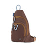 Brown (R)evolution Sling Pack (Front): Brown sling pack with tan zippers, silver carabiner, blue rope handle, and side pocket