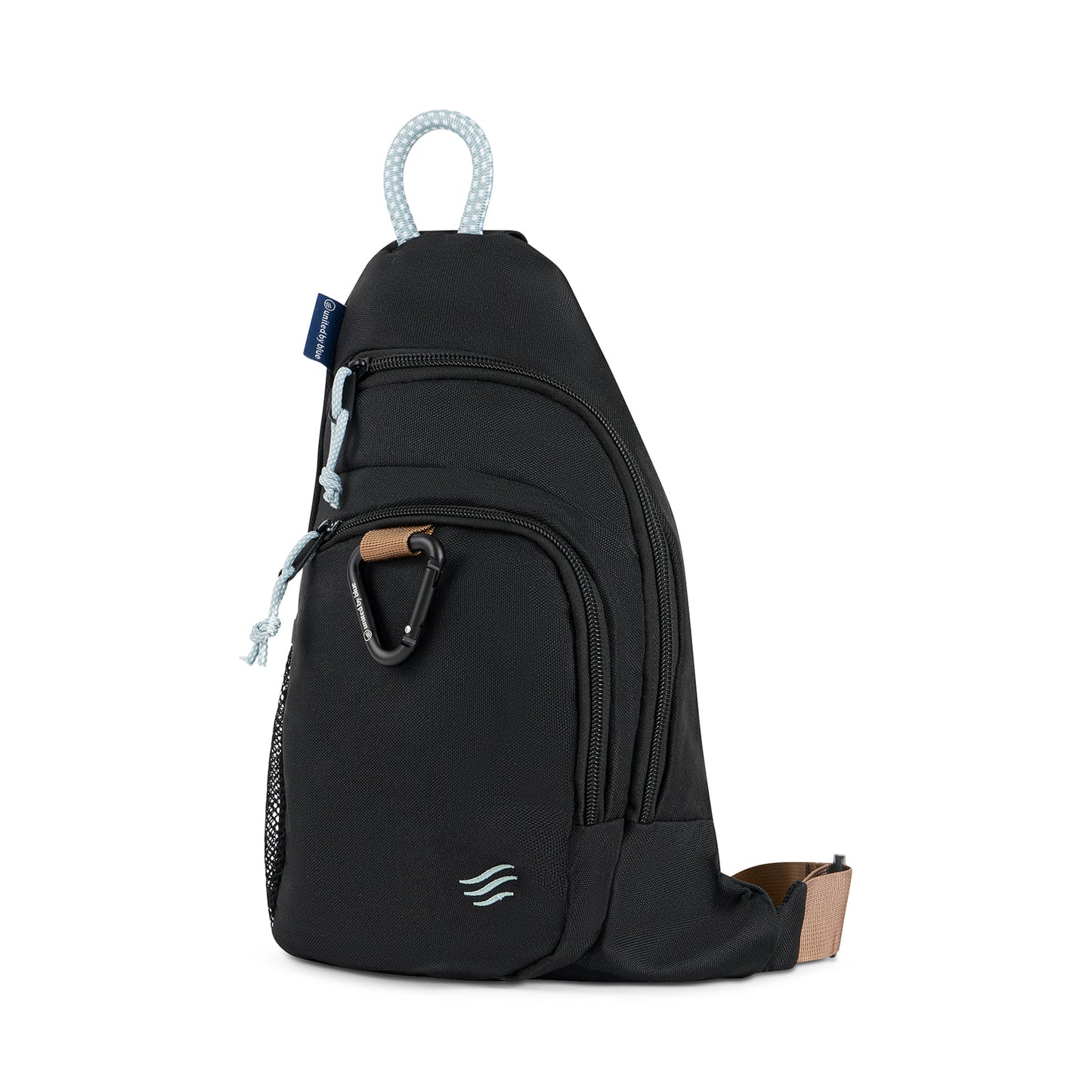 Black (R)evolution Sling Pack (Front): Black sling pack with two zip pockets, black carabiner, light rope handle, tan strap