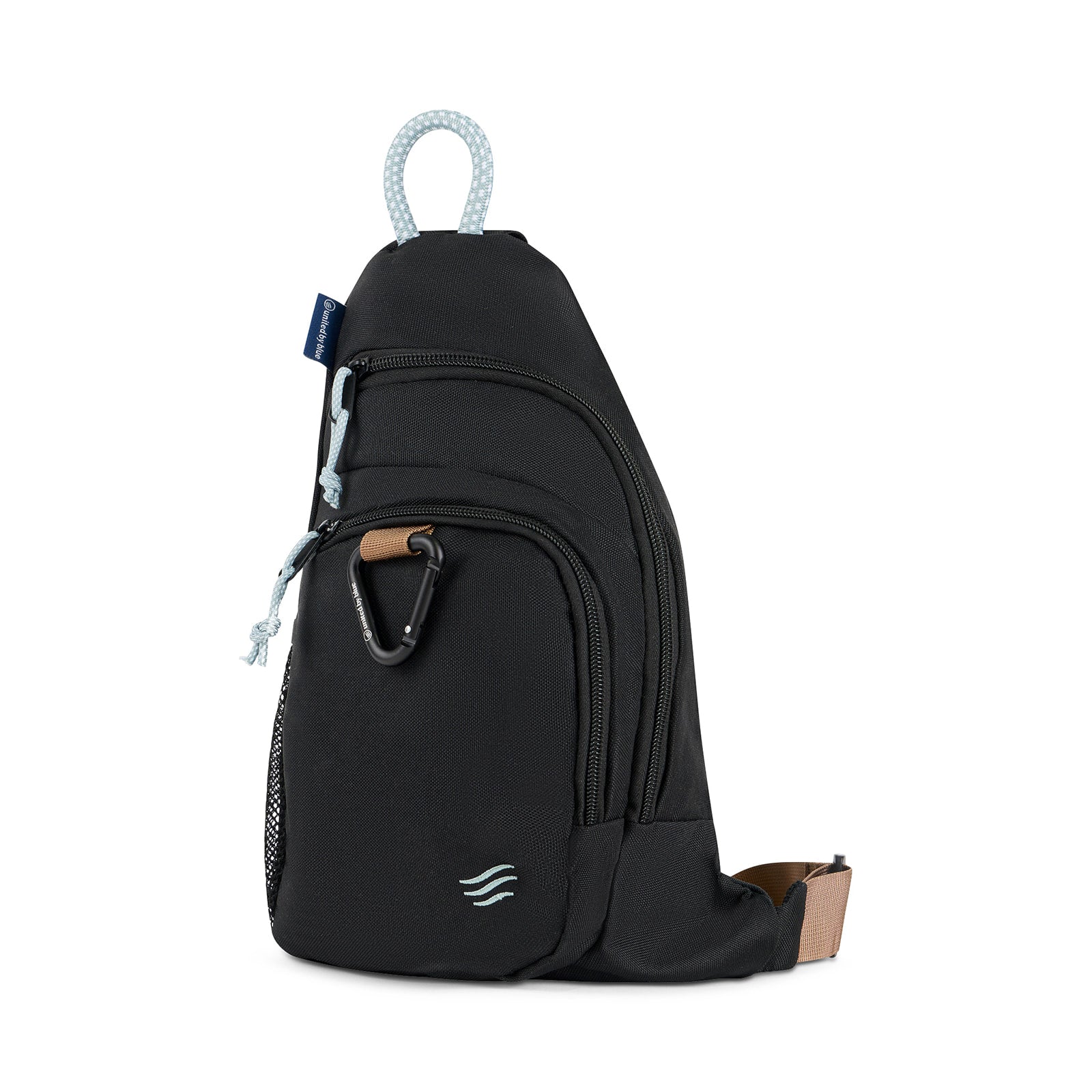 Black (R)evolution Sling Pack (Front): Black sling pack with two zip pockets, black carabiner, light rope handle, tan strap