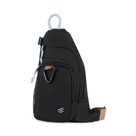 Black (R)evolution Sling Pack (Front): Black sling pack with two zip pockets, black carabiner, light rope handle, tan strap
