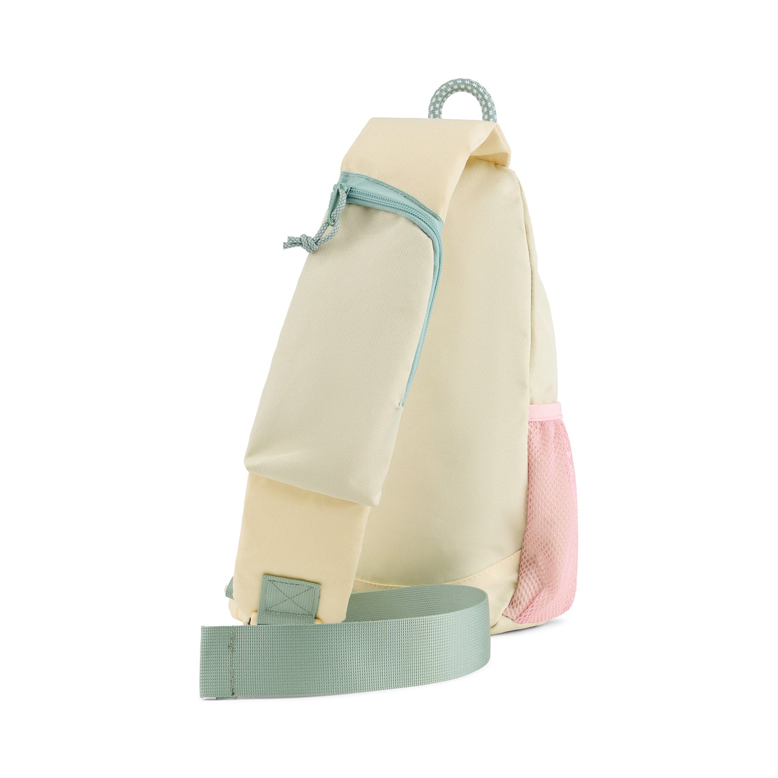 Pink Multi (R)evolution Sling Pack (Back): Cream side panel with mint zip pocket, mesh side pocket, and adjustable shoulder strap
