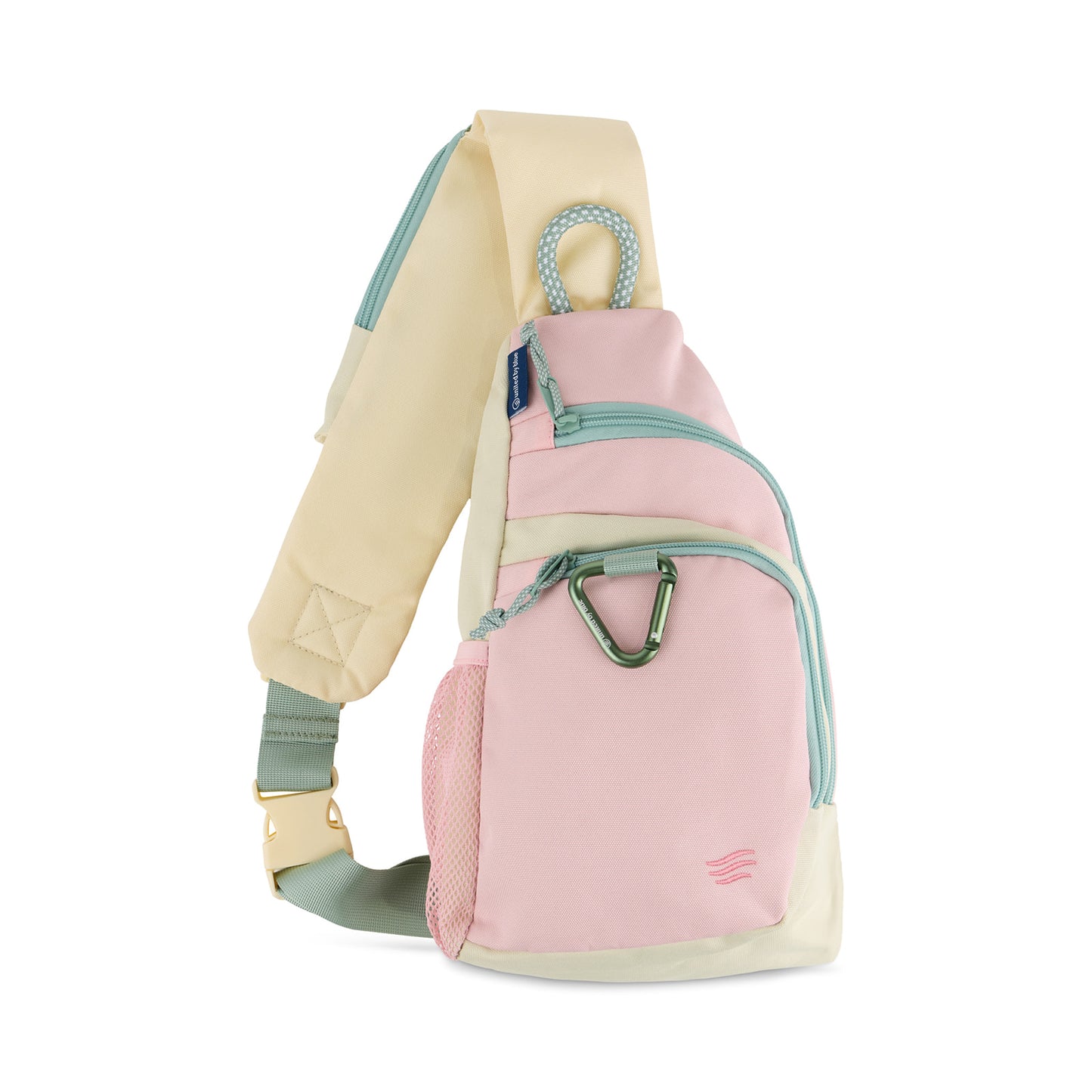 Pink Multi (R)evolution Sling Pack (Side): Pink and cream sling pack showing strap, mesh water bottle pocket, and carabiner