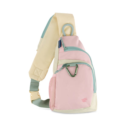 Pink Multi (R)evolution Sling Pack (Side): Pink and cream sling pack showing strap, mesh water bottle pocket, and carabiner