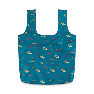 Teal The Packable Tote (Front): Teal tote with kayaking print, two straps, and front pocket
