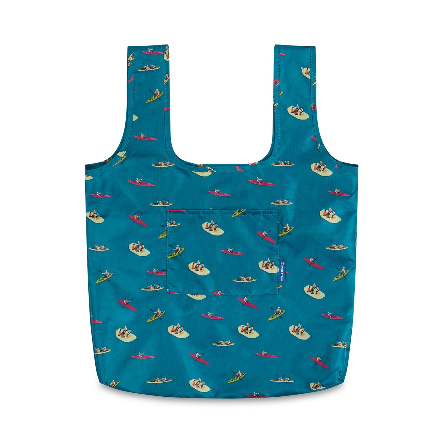 Teal The Packable Tote (Front): Teal packable tote with kayak print, two long straps, and front patch pocket