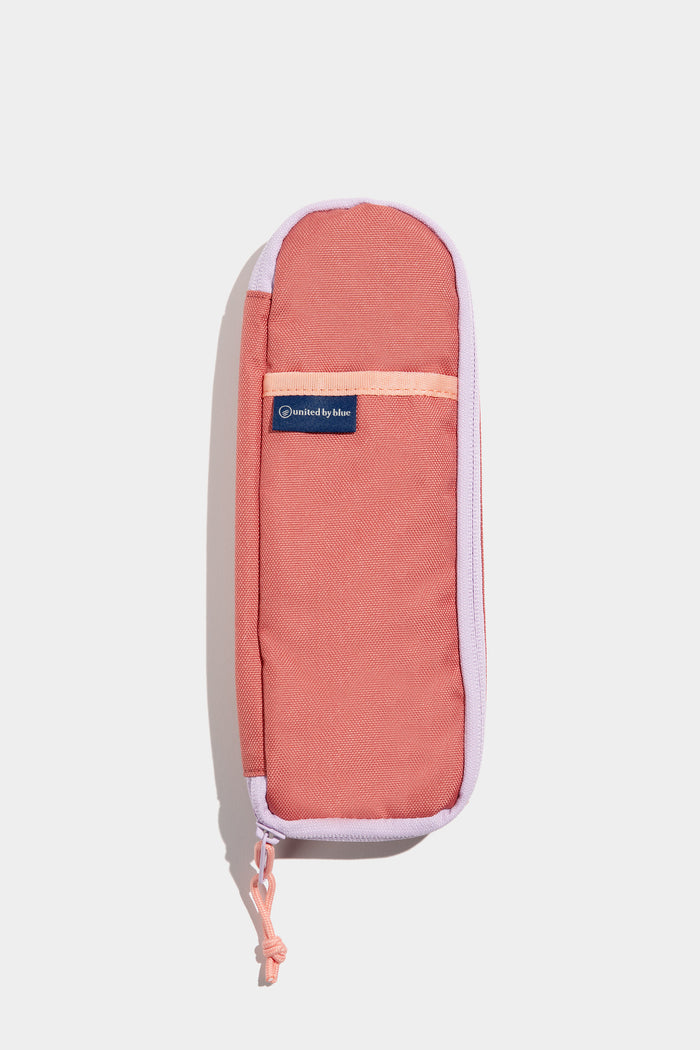 Mauve The Utensil Pack - Perfect for Packed Lunches (Flat-lay): Coral canvas pouch with lavender zipper trim, small front pocket, logo patch