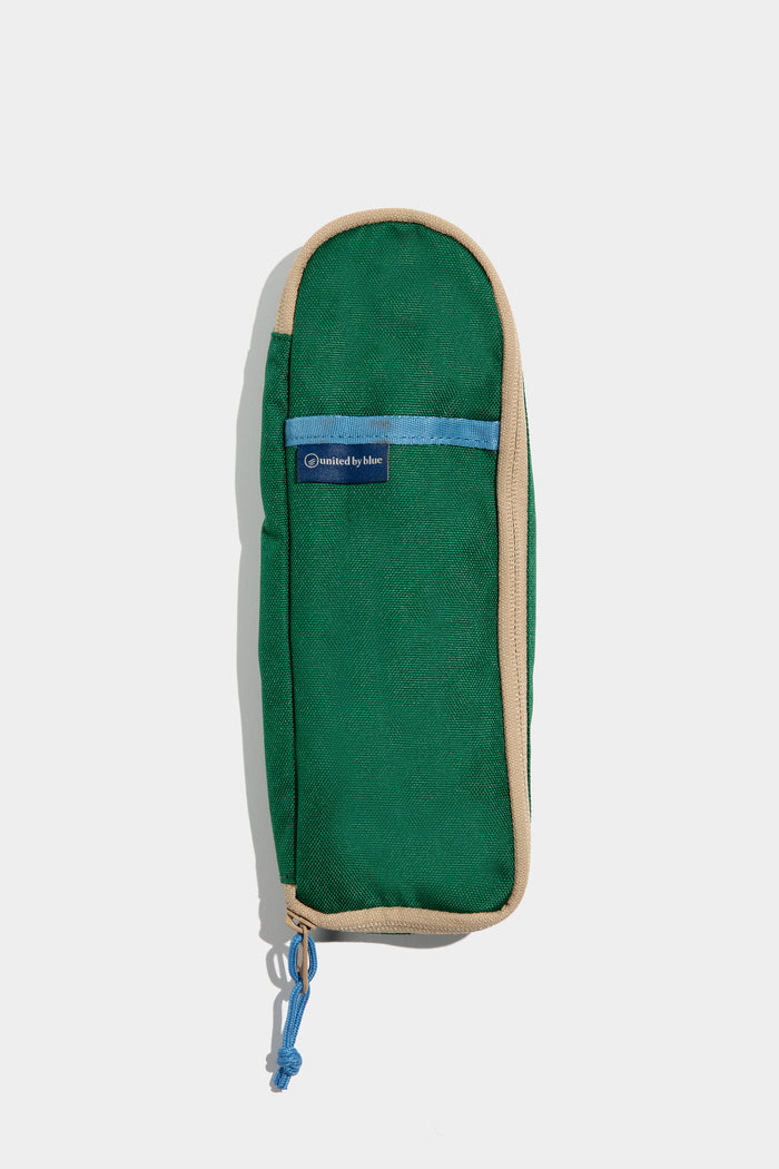 Pine The Utensil Pack - Perfect for Packed Lunches (Front): Green canvas utensil case with tan trim, blue zipper pull and strap