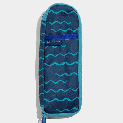 Navy - Geo Waves The Utensil Pack - Perfect for Packed Lunches (Front): Navy blue zippered case with teal wave pattern and small logo label