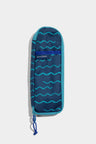 Navy - Geo Waves The Utensil Pack - Perfect for Packed Lunches (Front): Navy pouch with teal wave print, blue zipper pull, and brand label