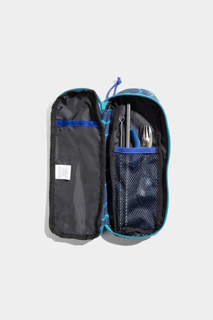 Navy - Geo Waves The Utensil Pack - Perfect for Packed Lunches (Detail): Open navy geometric case showing stainless steel straw, fork, spoon, and mesh pocket