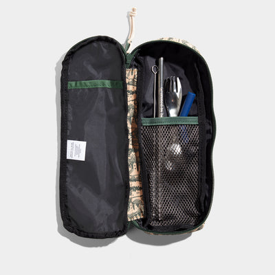 Cortado The Utensil Pack - Perfect for Packed Lunches (Detail): Open camo-print case showing mesh pocket, cutlery, straw, and black lining