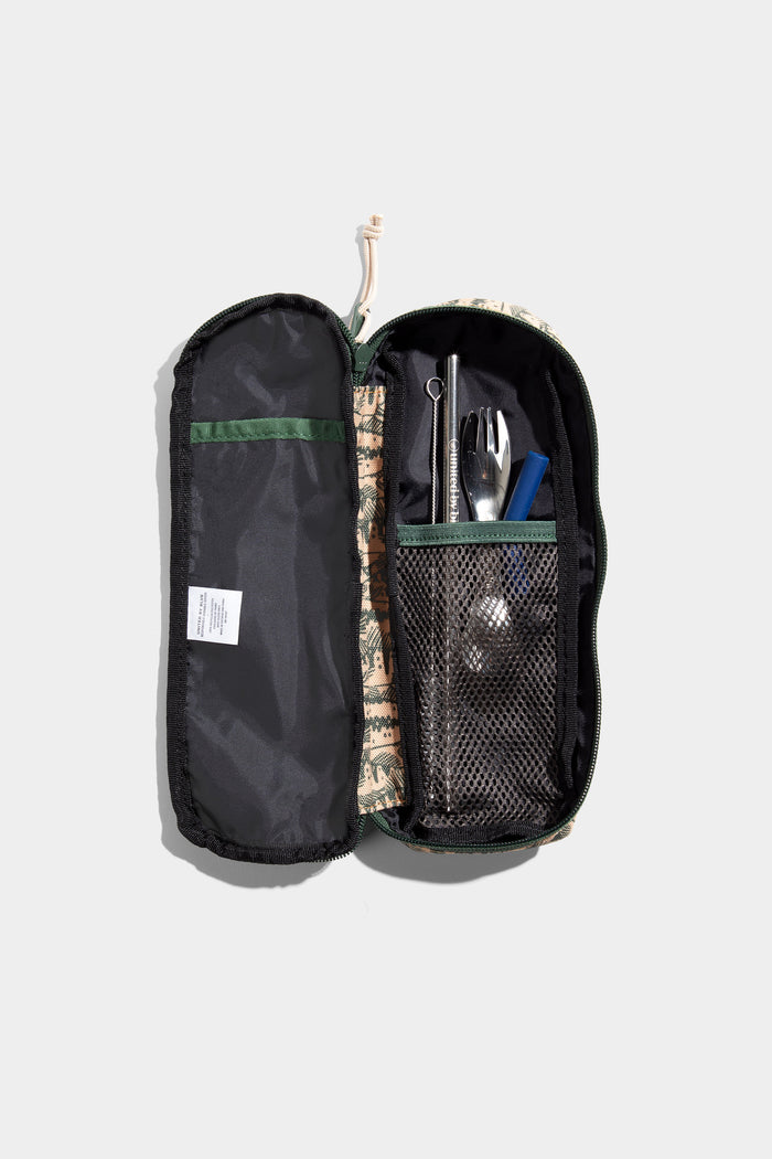 Cortado The Utensil Pack - Perfect for Packed Lunches (Detail): Open camo case revealing mesh pocket with utensils, straw, and fork