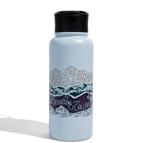 Light blue water bottle with black lid and mountain graphic on a white background