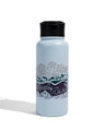 Mountains Are Calling Bottle - 23 Oz. Insulated Stainless Steel (Front): Light blue steel bottle with mountain landscape graphic and black lid