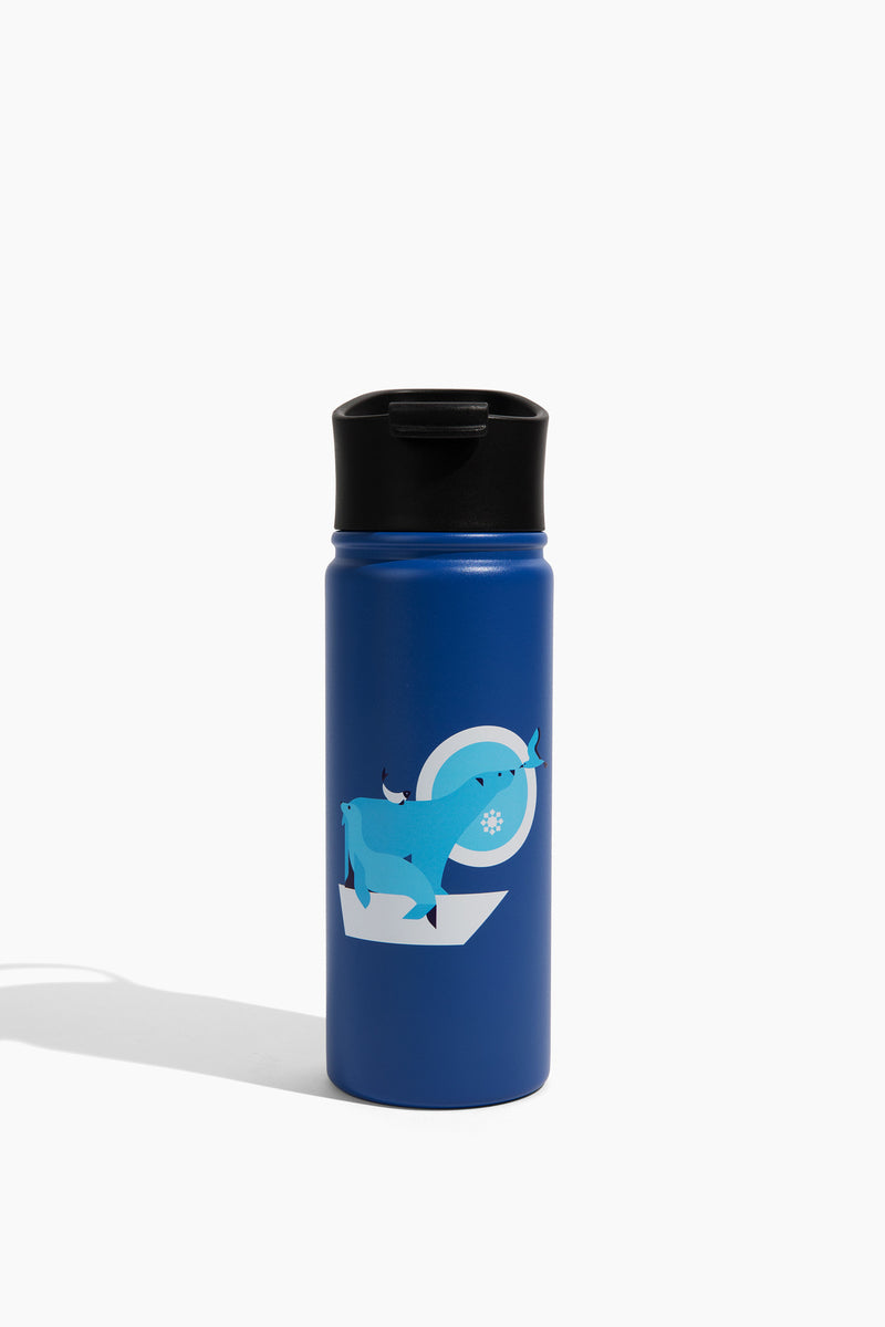 Polar Bear - Navy Bottle - 18 Oz. Insulated Stainless Steel (Angle): Navy blue bottle with Arctic seal and narwhal graphic, black lid