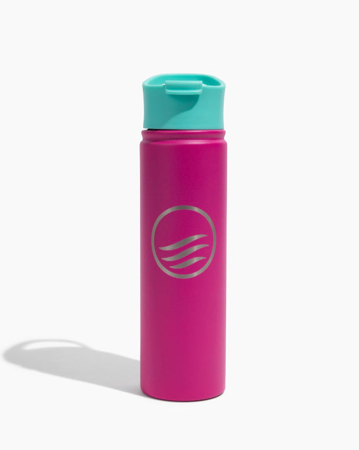 Neon Pink Bottle - 22 Oz. Insulated Stainless Steel (Front): Hot pink bottle with teal flip-top lid and silver wave logo