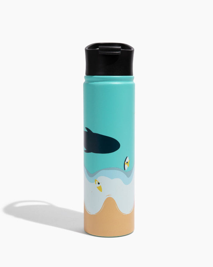 Beach Day Bottle - 22 Oz. Insulated Stainless Steel (Front): Teal insulated bottle with whale, fish, seagulls, waves, and sandy beach design