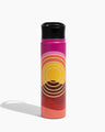 Sunset Mountain Bottle - 22 Oz. Insulated Stainless Steel (Front): Tall cylindrical bottle with retro concentric sun graphic in magenta, orange, yellow tones