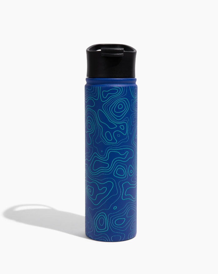 Topography Bottle - 22 Oz. Insulated Stainless Steel (Front): Dark blue bottle with teal topographic line pattern and black flip-top lid