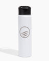 White Bottle - 22 Oz. Insulated Stainless Steel (Front): White cylindrical bottle with black flip-top lid and circular wave logo