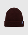 Burgundy Classic Yak Beanie (Front): Dark red knit beanie with folded cuff and small blue logo patch
