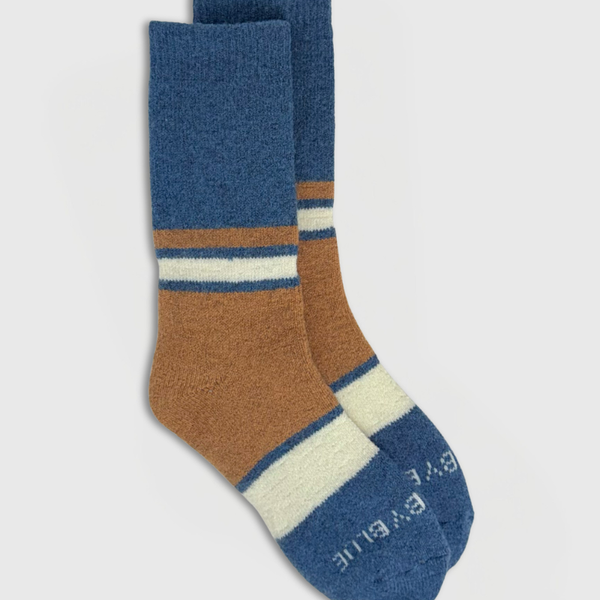 Blue Stripe Yak Wool - Ultimate Full Cushion Boot Sock (Angle): Crew-length socks with blue cuff, tan mid-section, and cream toe stripes