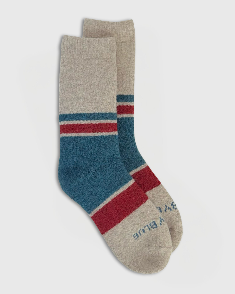 Oatmeal Stripe Yak Wool - Ultimate Full Cushion Boot Sock (Angle): Crew socks in oatmeal with teal, red, and white horizontal stripes