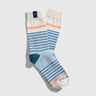 Aqua Stripe IMPACT COLLECTION - Hemp Blend Socks (Flat-lay): Cream, light blue, and peach striped crew socks with teal heel accent