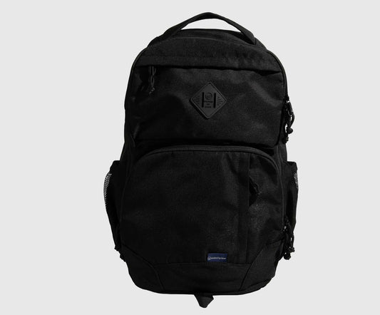 Black backpack with a brand logo on a light gray background