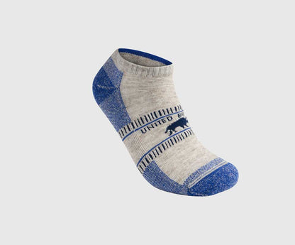 Blue Bison Trail Low-Cut Sock (Angle): Low-cut ankle sock, gray body, blue heel, toe, and cuff accent