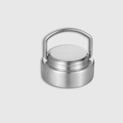 Stainless Steel Replacement Water Bottle Lid - Stainless Steel (Angle): Cylindrical silver lid with raised center disc and wire bail handle