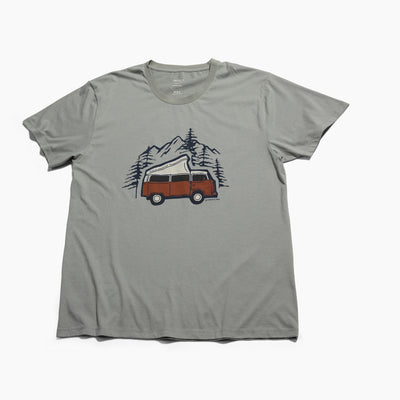LIMESTONE Adventure Van Graphic Crew (Flat-lay): Sage green crew neck tee with rust-colored vintage camper van graphic, mountains, trees