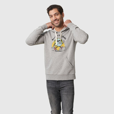 Heather Grey Keep It Cool Dude Graphic Hoodie (In-use): Smiling man wearing grey hoodie with 'Keep It Cool' globe graphic, hands raised