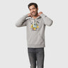 Heather Grey Keep It Cool Dude Graphic Hoodie (In-use): Smiling man wearing light grey hoodie with cartoon earth graphic front