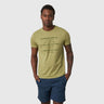 Sage Outdoors For All Graphic Tee (Front): Man wearing olive green tee with multilingual outdoors graphic print text