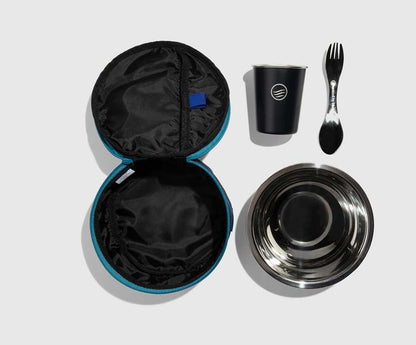 Navy The Meal Kit (Single) (Flat-lay): Open navy zip case beside stainless bowl, dark cup, and spork utensil