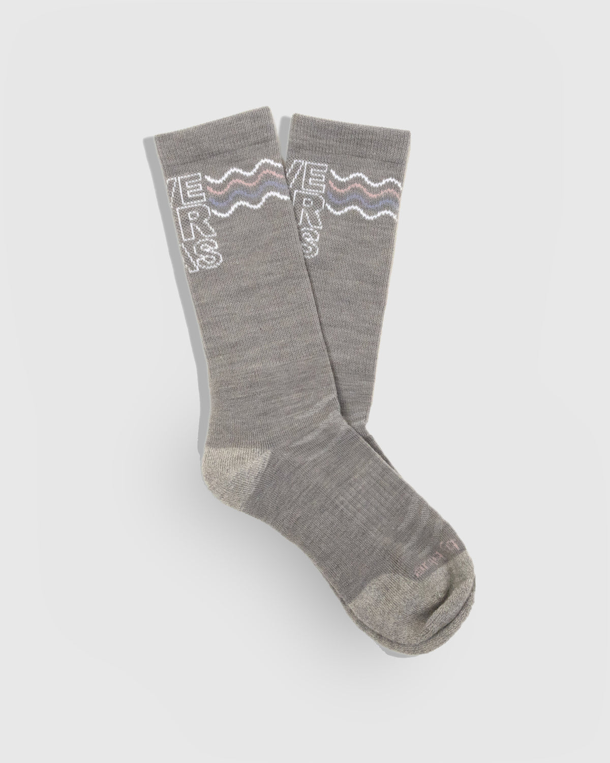 Save Our Seas - Heather Merino Wool - Graphic Crew Sock (Flat-lay): Grey crew socks with white knit text and pink blue wave graphic