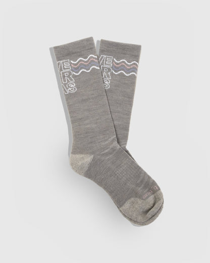 Save Our Seas - Heather Merino Wool - Graphic Crew Sock (Flat-lay): Grey crew socks with white knit text and pink blue wave graphic