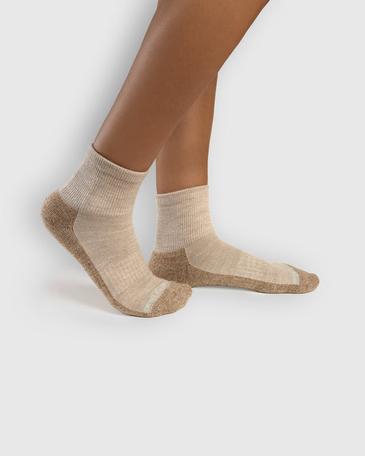 Classic Beige Marled Merino Wool - Marled Quarter Sock (In-use): Beige marled merino quarter socks worn on feet, side view