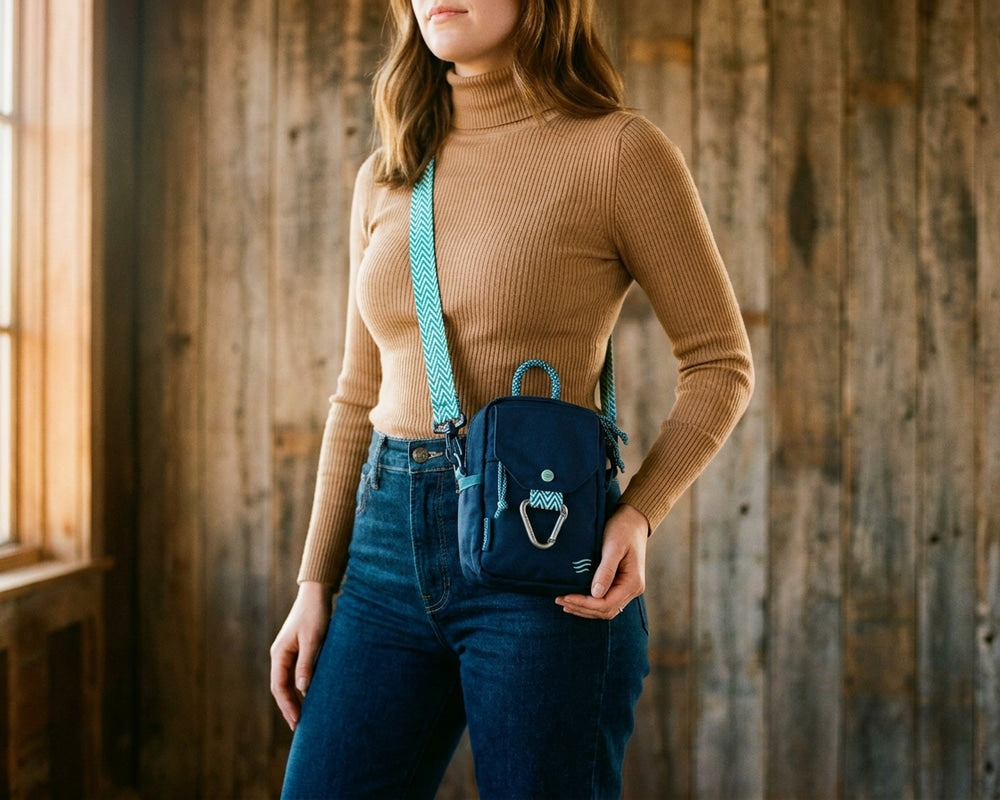 Navy Bag - Woman wearing a brown turtleneck and blue jeans, holding a blue bag against a wooden wall.