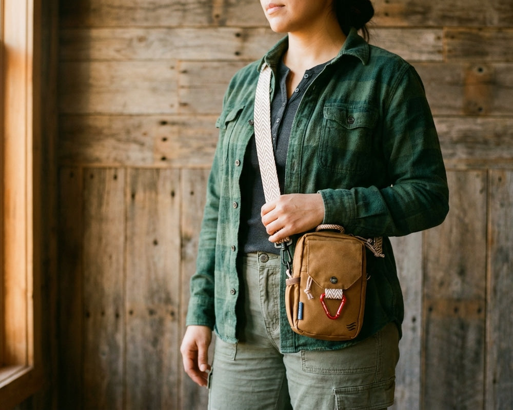 Tigers Eye (R)evolution™ Daily Cross Body (In-use): Woman wearing tan crossbody bag with red carabiner, chevron strap, rustic wood background