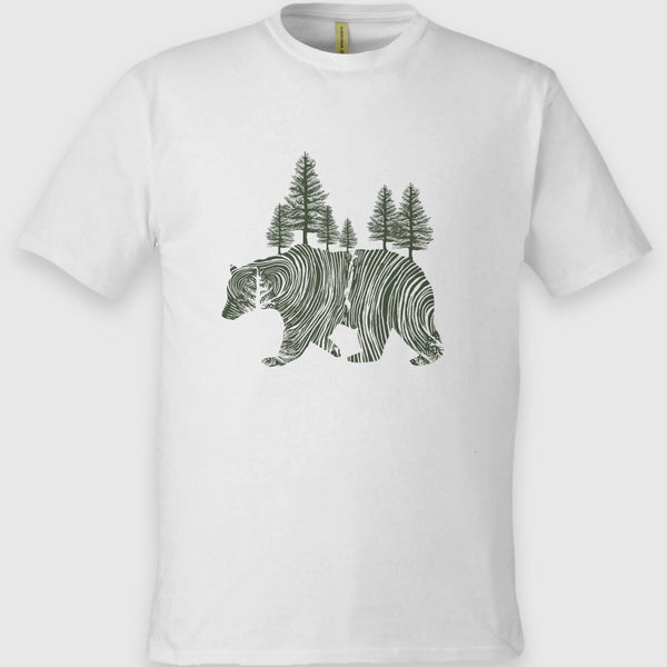 Antique White Unisex Graphic Tee in 100% Organic Cotton - Pine Bear (Angle): White tee with dark green bear silhouette filled with pine trees graphic